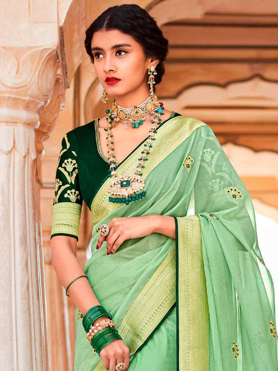 Pista Silk Handwoven Wedding Festival Heavy Border Saree