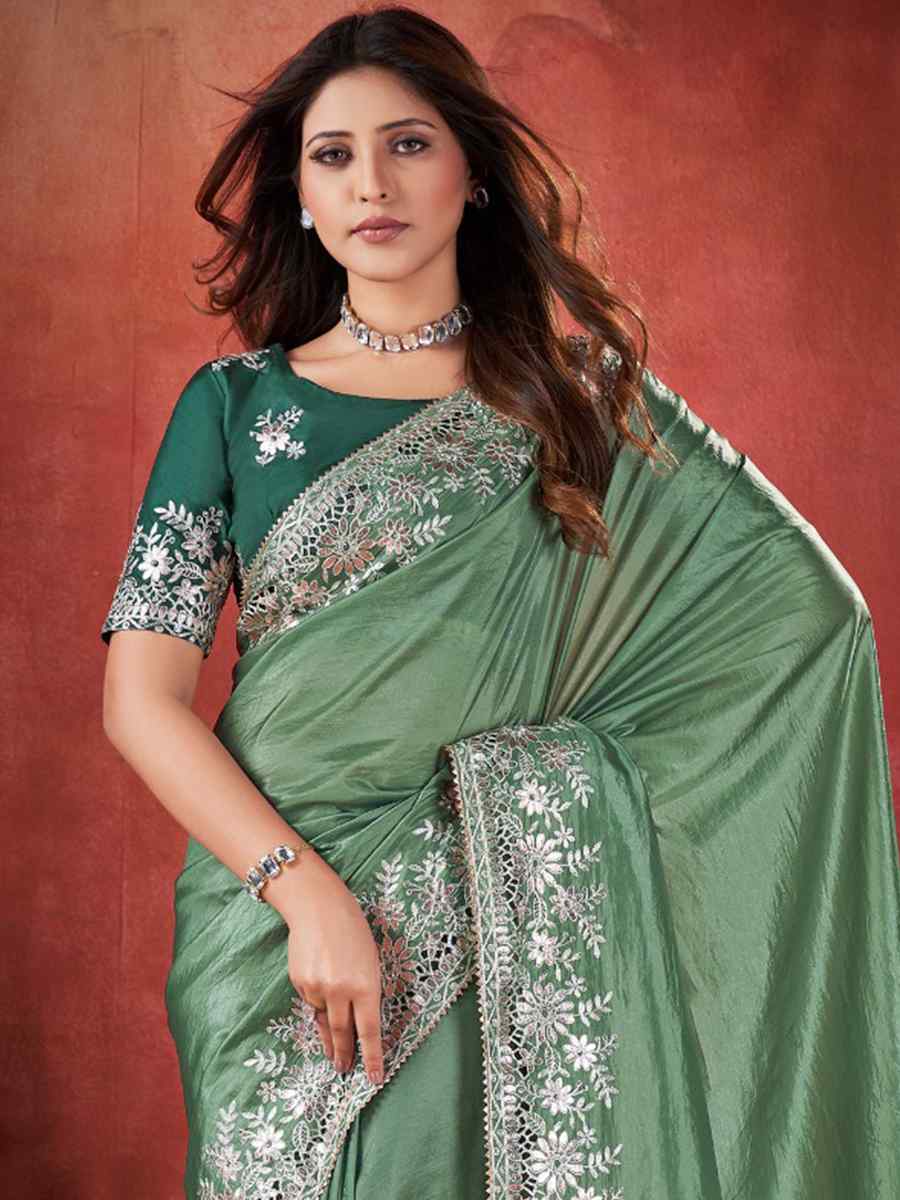 Pista Silk Handwoven Wedding Festival Heavy Border Saree