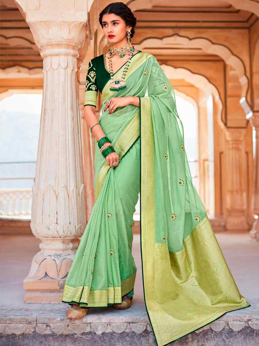 Pista Silk Handwoven Wedding Festival Heavy Border Saree