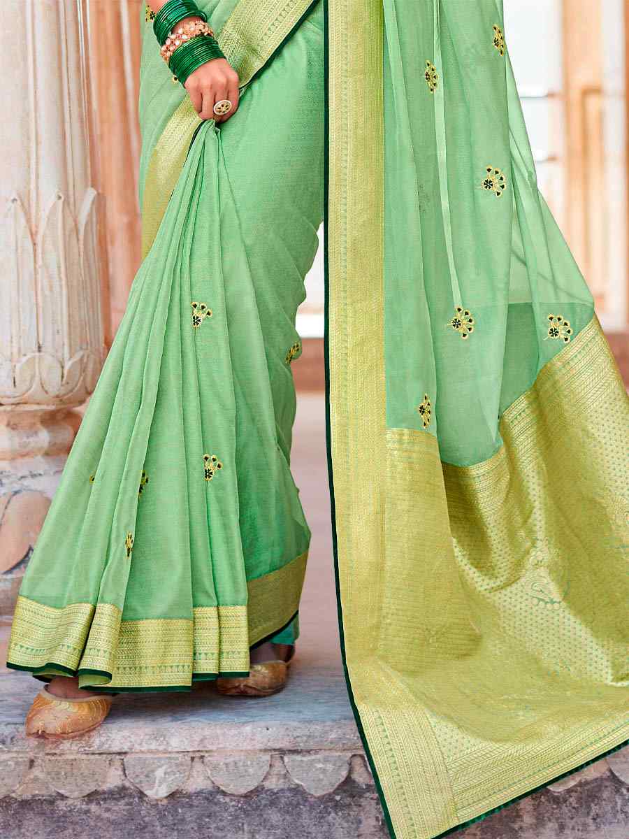 Pista Silk Handwoven Wedding Festival Heavy Border Saree