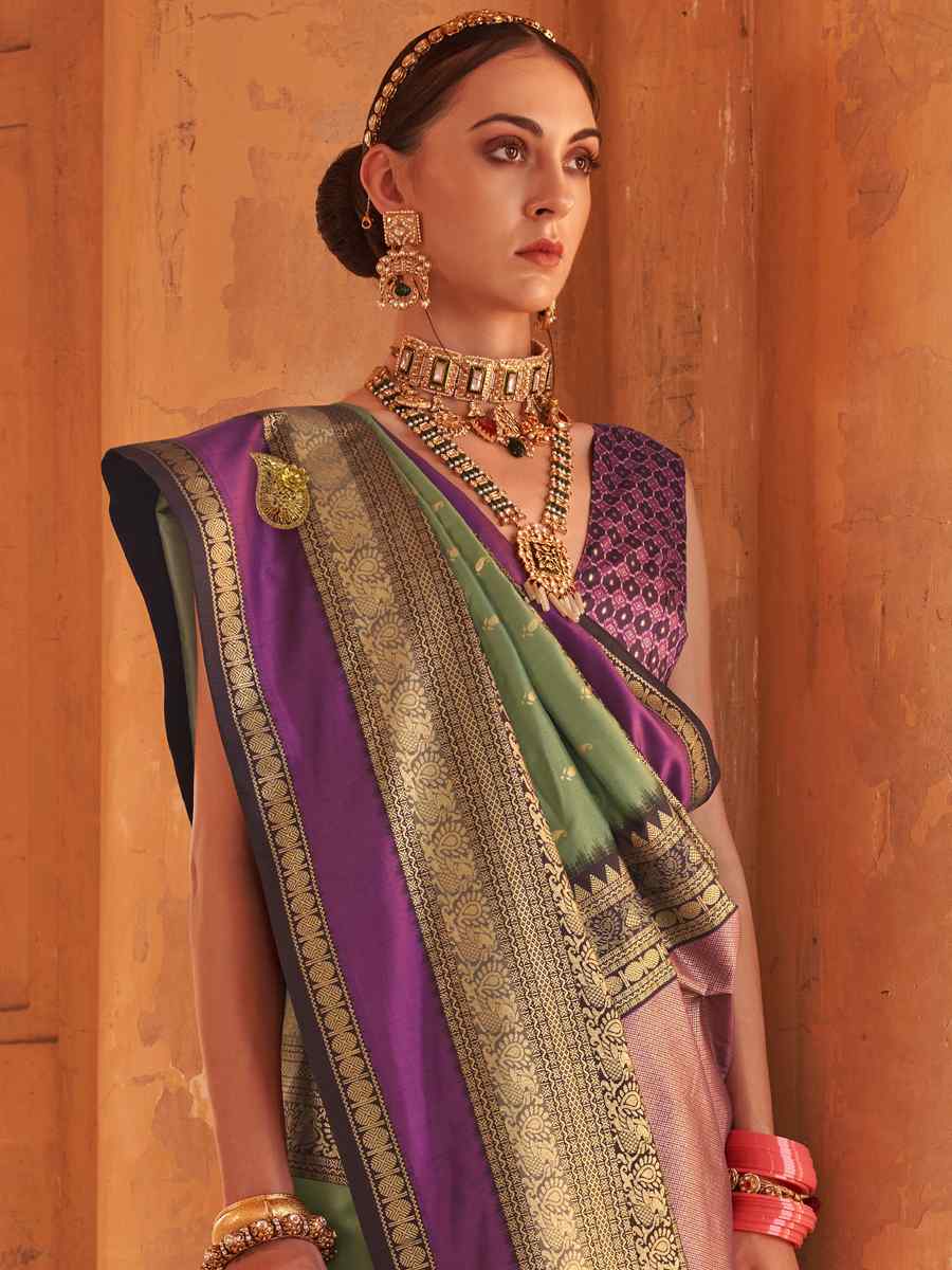 Pista Silk Handwoven Wedding Festival Heavy Border Saree