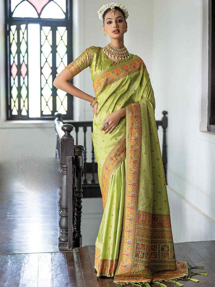 Pista Silk Handwoven Wedding Festival Heavy Border Saree