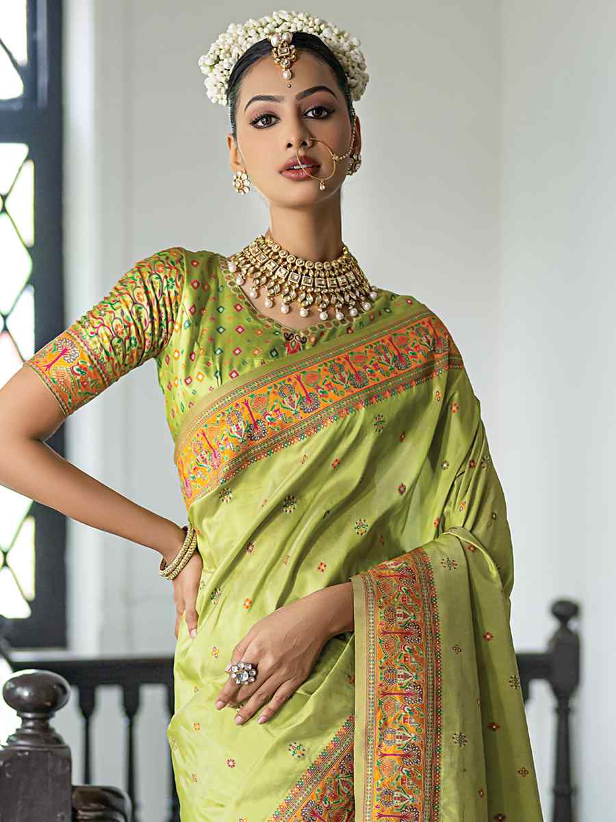 Pista Silk Handwoven Wedding Festival Heavy Border Saree