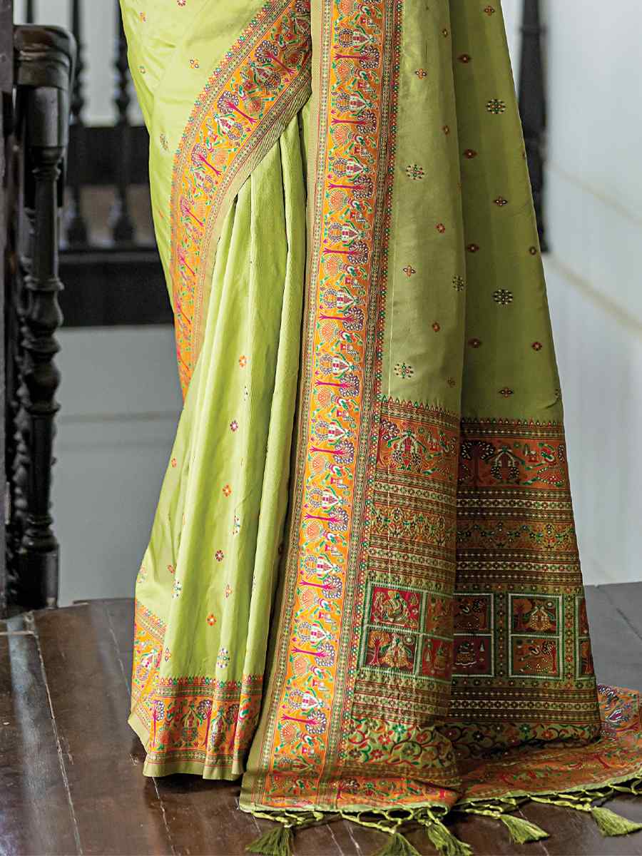 Pista Silk Handwoven Wedding Festival Heavy Border Saree