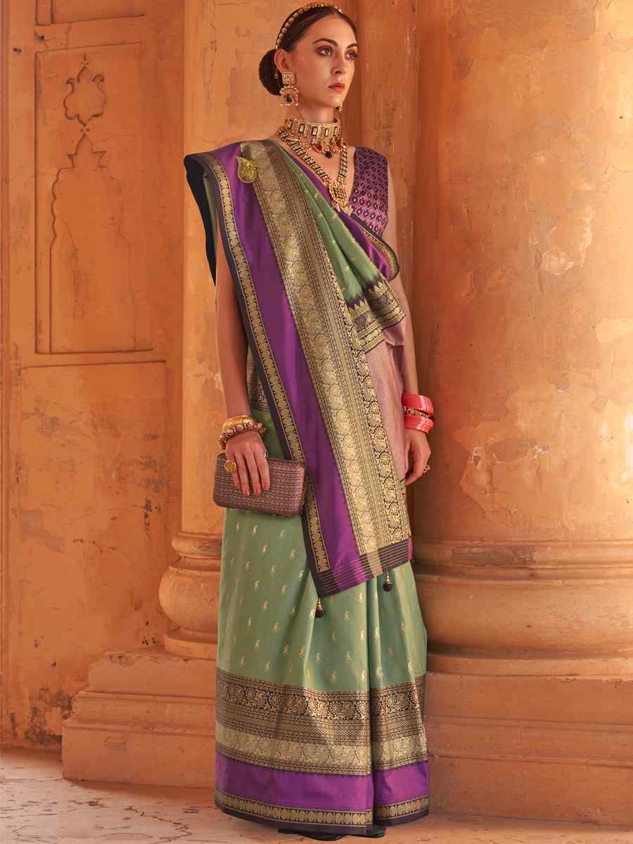 Pista Silk Handwoven Wedding Festival Heavy Border Saree