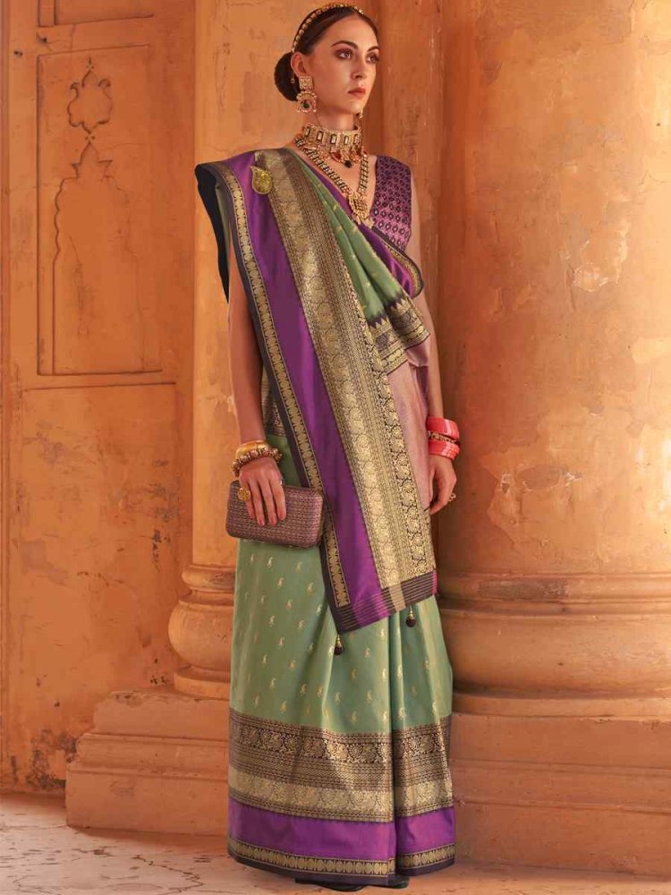 Pista Silk Handwoven Wedding Festival Heavy Border Saree