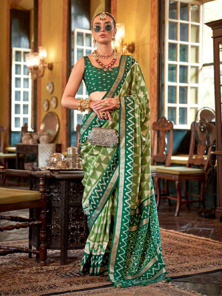 Pista Silk Printed Festival Wedding Fancy Heavy Border Saree
