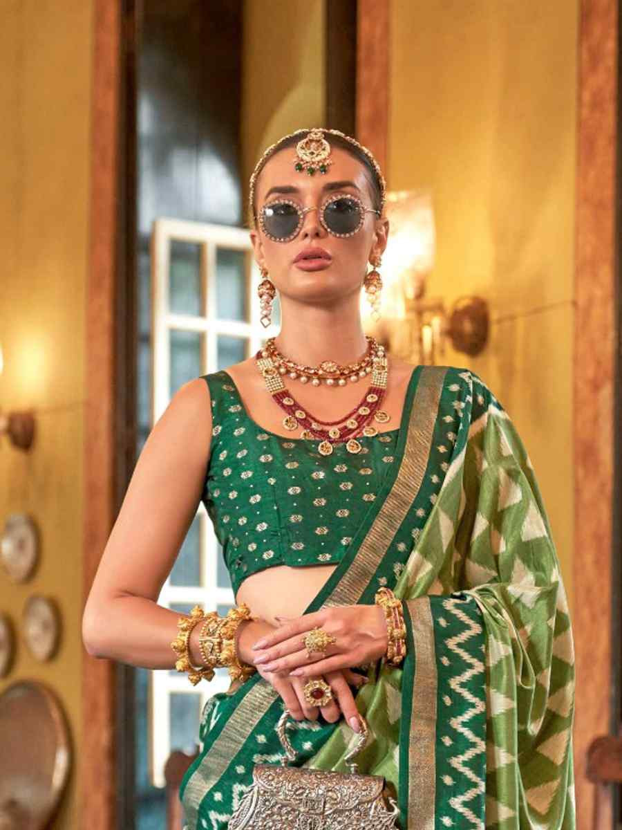 Pista Silk Printed Festival Wedding Fancy Heavy Border Saree