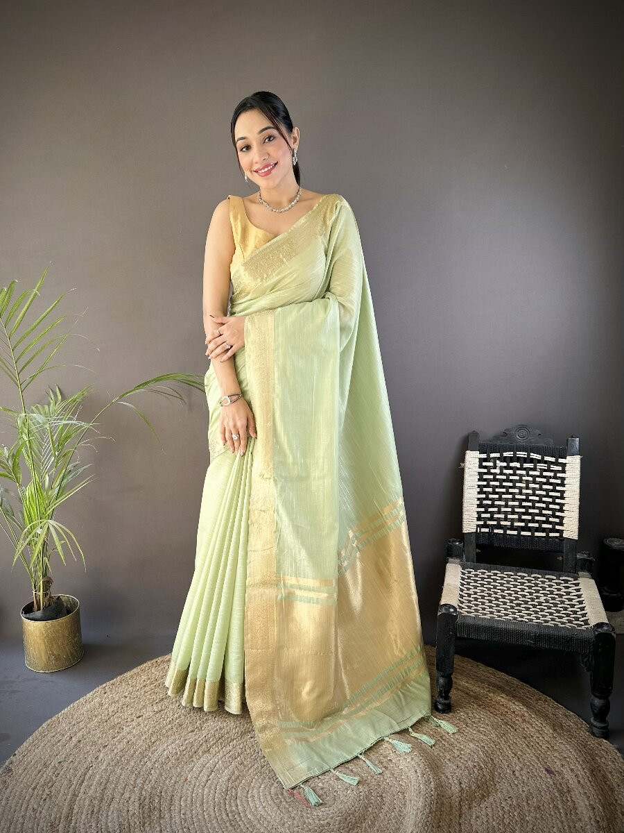 Pista Soft Cotton Zari Wedding Reception Party Festival Heavy Border Sarees