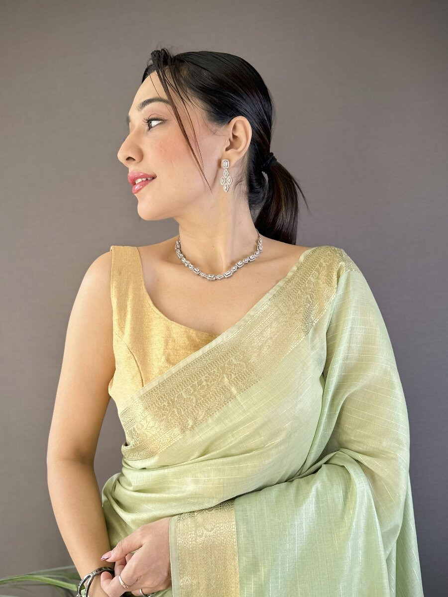 Pista Soft Cotton Zari Wedding Reception Party Festival Heavy Border Sarees