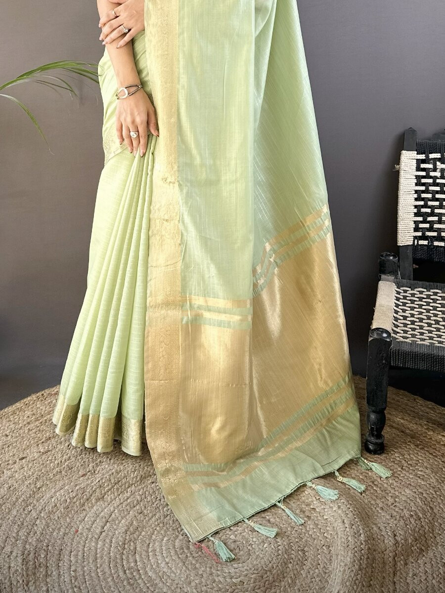 Pista Soft Cotton Zari Wedding Reception Party Festival Heavy Border Sarees