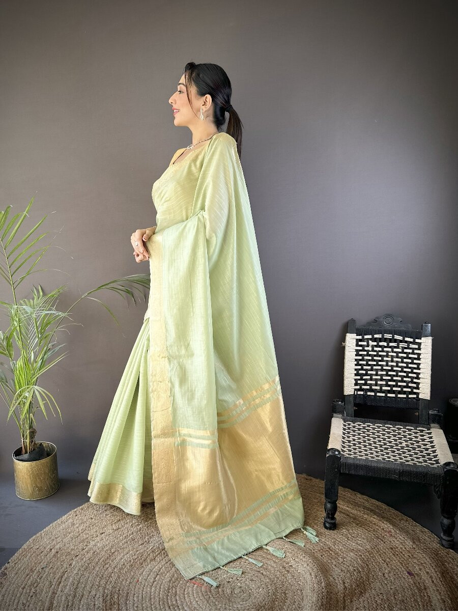 Pista Soft Cotton Zari Wedding Reception Party Festival Heavy Border Sarees