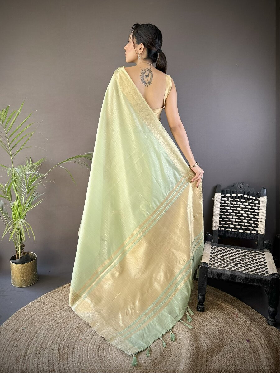 Pista Soft Cotton Zari Wedding Reception Party Festival Heavy Border Sarees