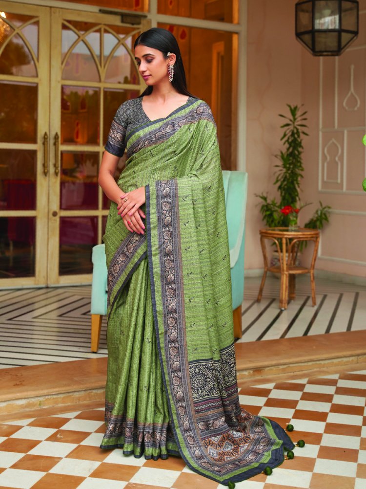 Pista Soft Khadi Silk Printed Casual Festival Contemporary Saree