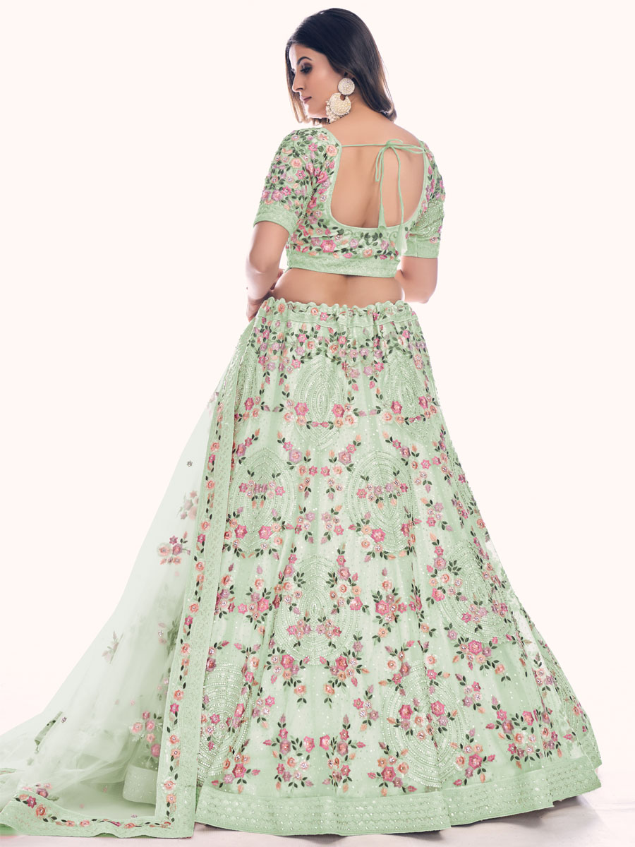 Pista Soft Net Embroidered Bridal Wedding Heavy Border Lehenga Choli
