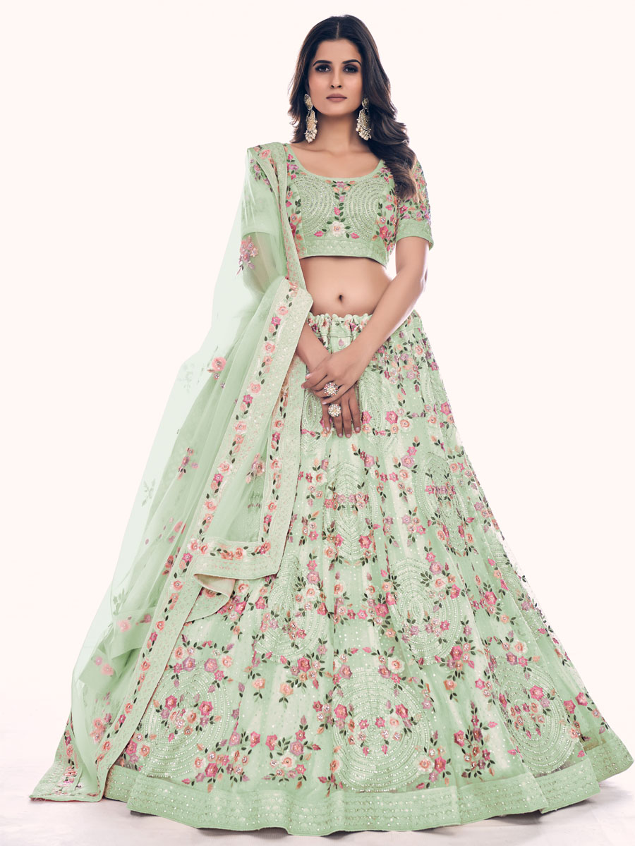 Pista Soft Net Embroidered Bridal Wedding Heavy Border Lehenga Choli