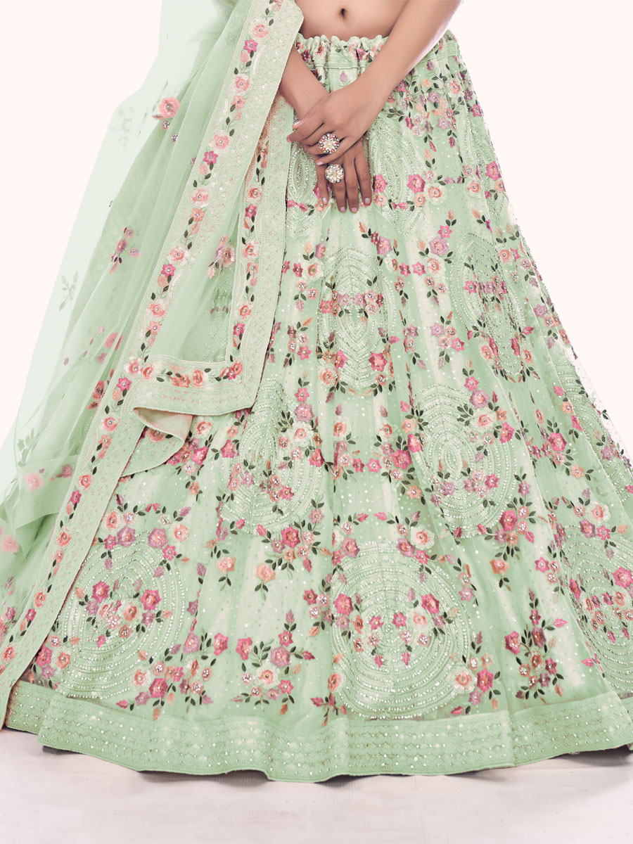 Pista Soft Net Embroidered Bridal Wedding Heavy Border Lehenga Choli