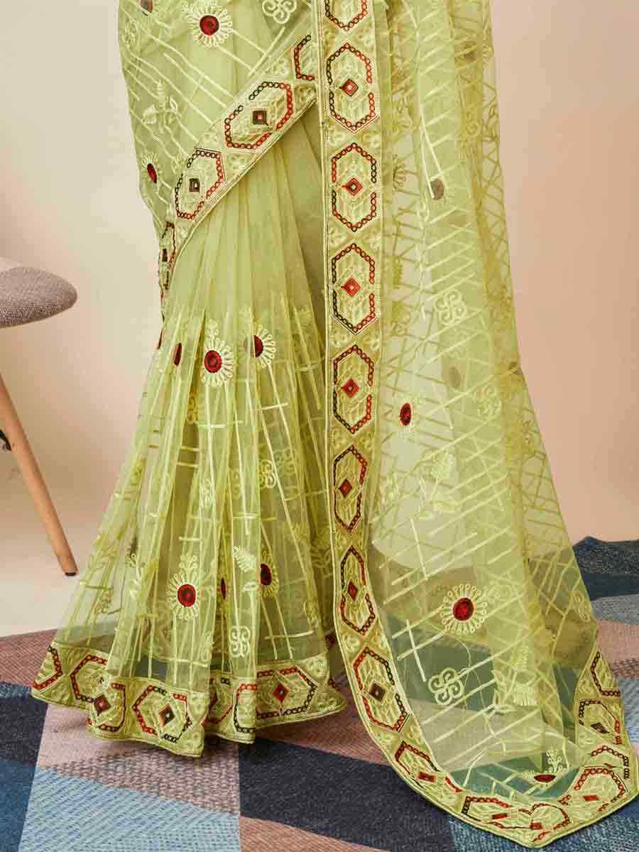 Pista Soft Net Embroidered Festival Party Classic Style Saree