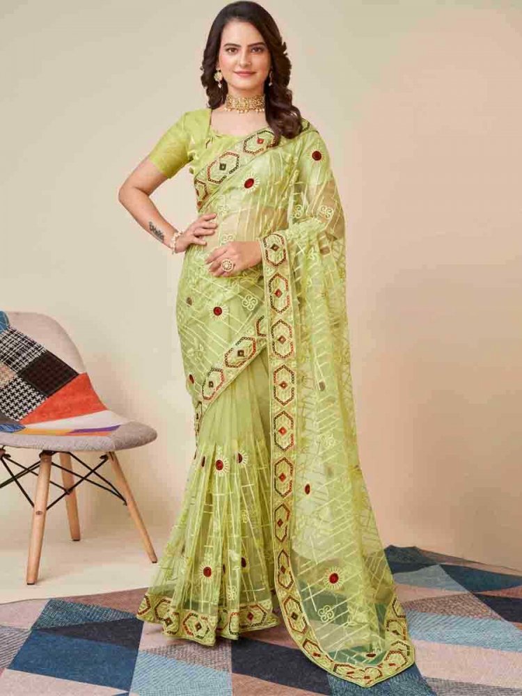 Pista Soft Net Embroidered Festival Party Classic Style Saree