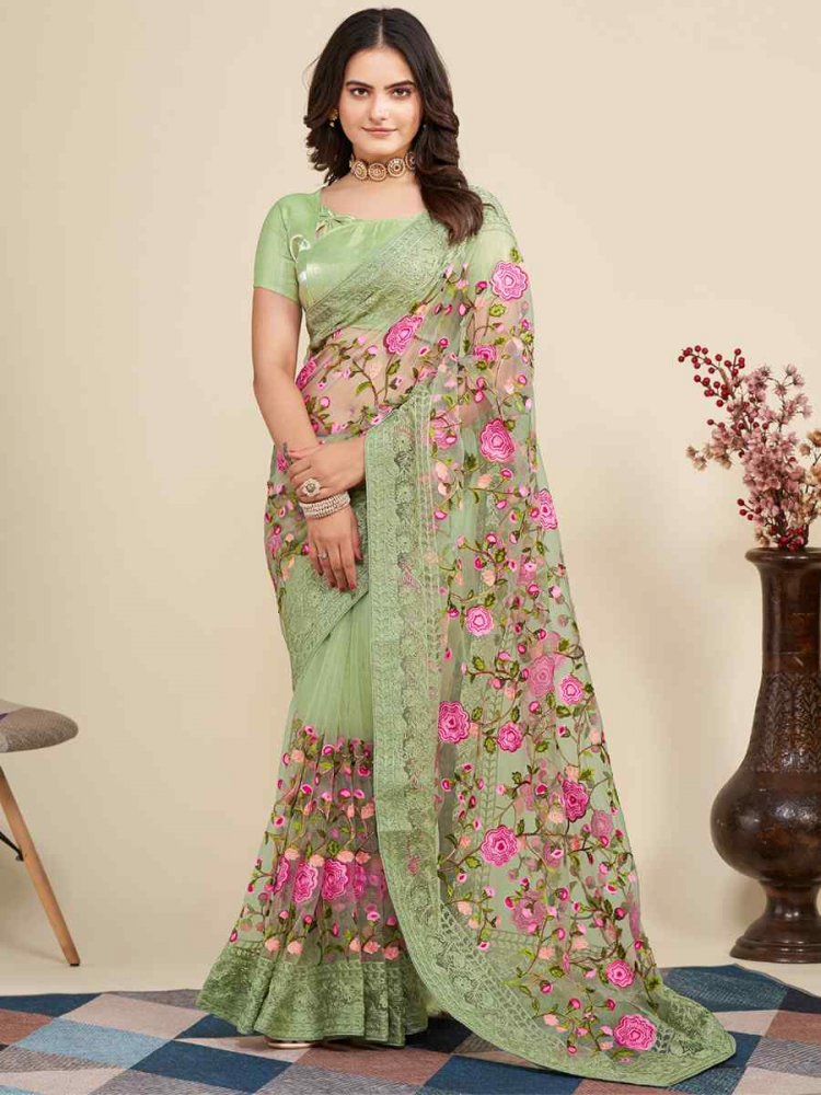 Pista Soft Net Embroidered Party Festival Classic Style Saree