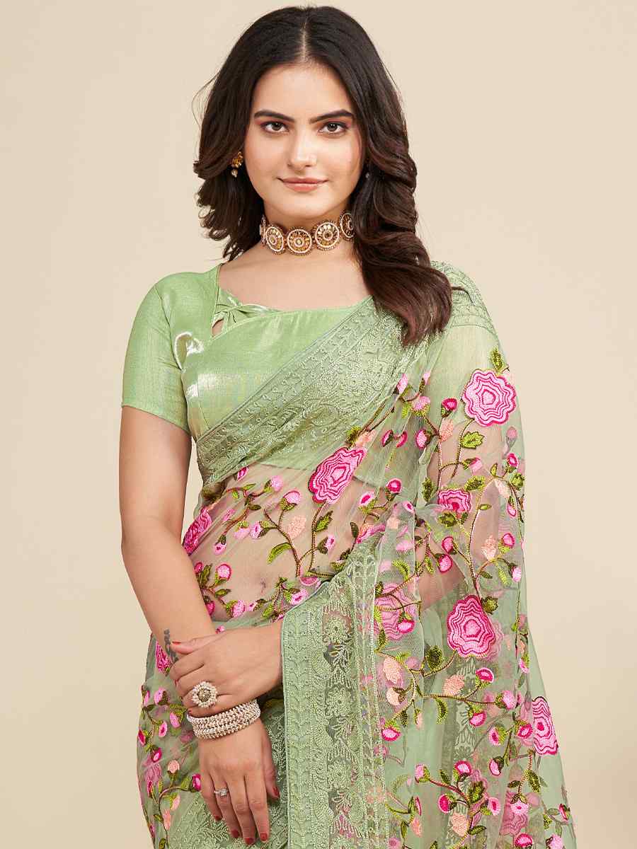 Pista Soft Net Embroidered Party Festival Classic Style Saree