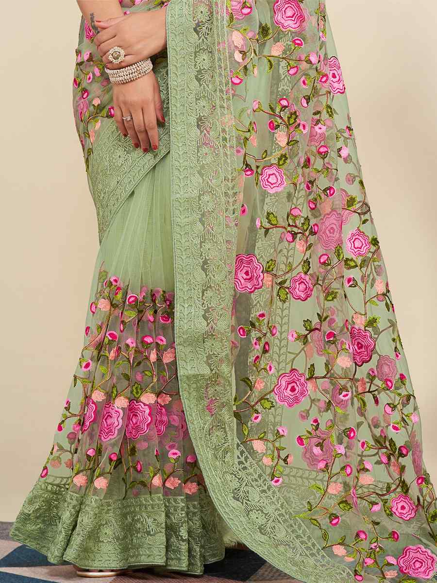 Pista Soft Net Embroidered Party Festival Classic Style Saree