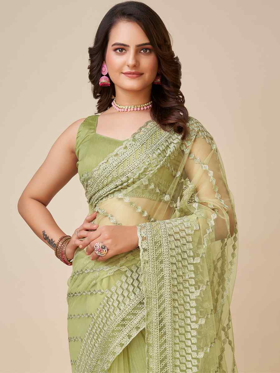 Pista Soft Net Embroidered Party Festival Heavy Border Saree