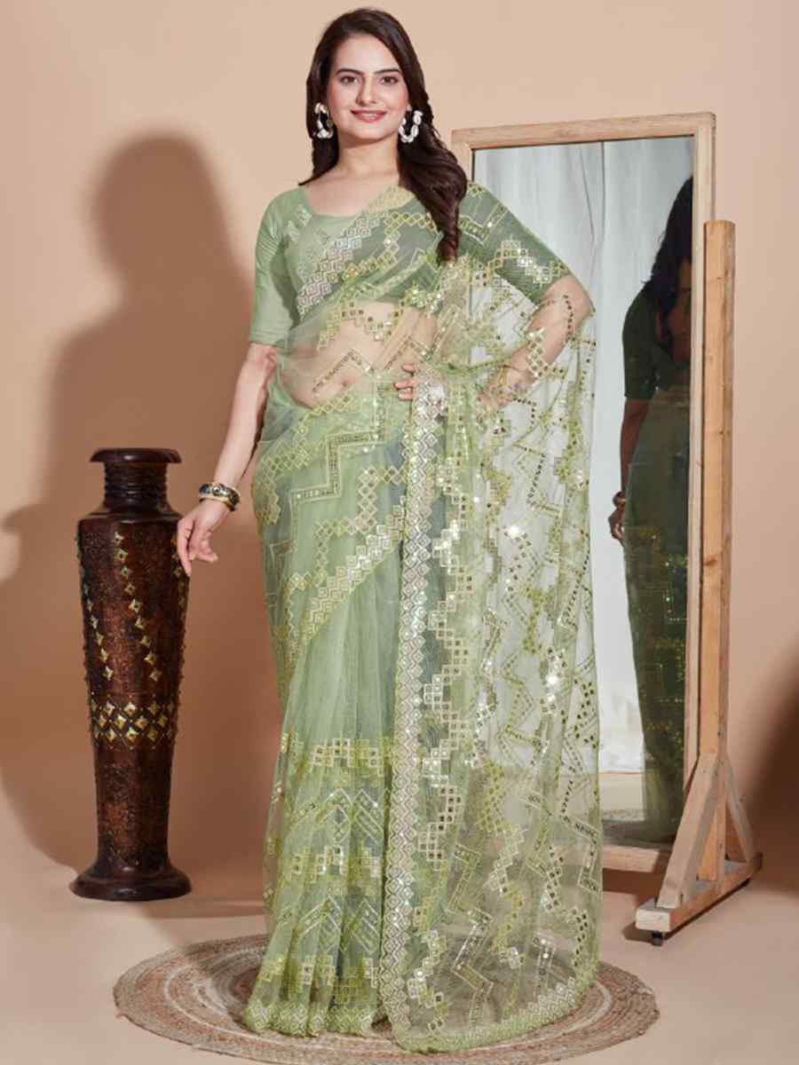 Pista Soft Net Embroidered Party Wedding Classic Style Saree