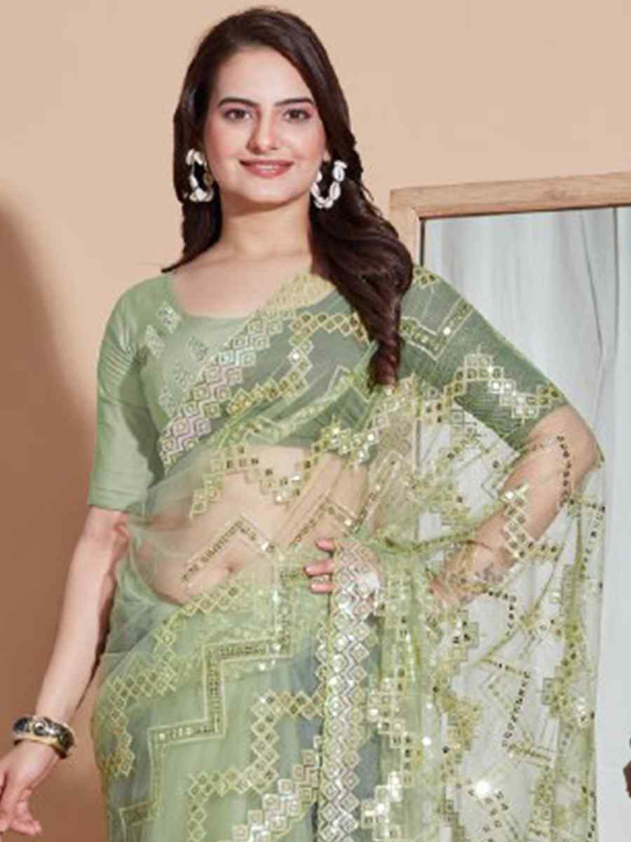 Pista Soft Net Embroidered Party Wedding Classic Style Saree