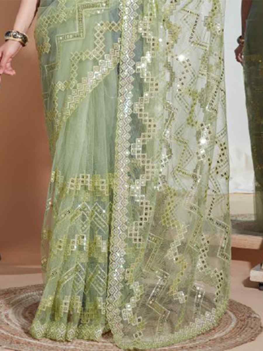 Pista Soft Net Embroidered Party Wedding Classic Style Saree