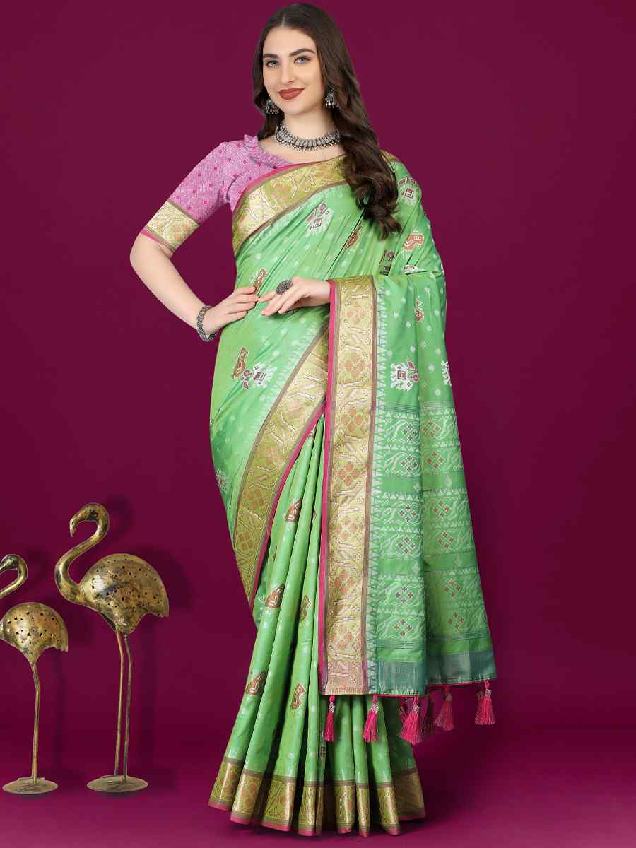 Pista Soft Patola Silk Handwoven Wedding Festival Heavy Border Saree