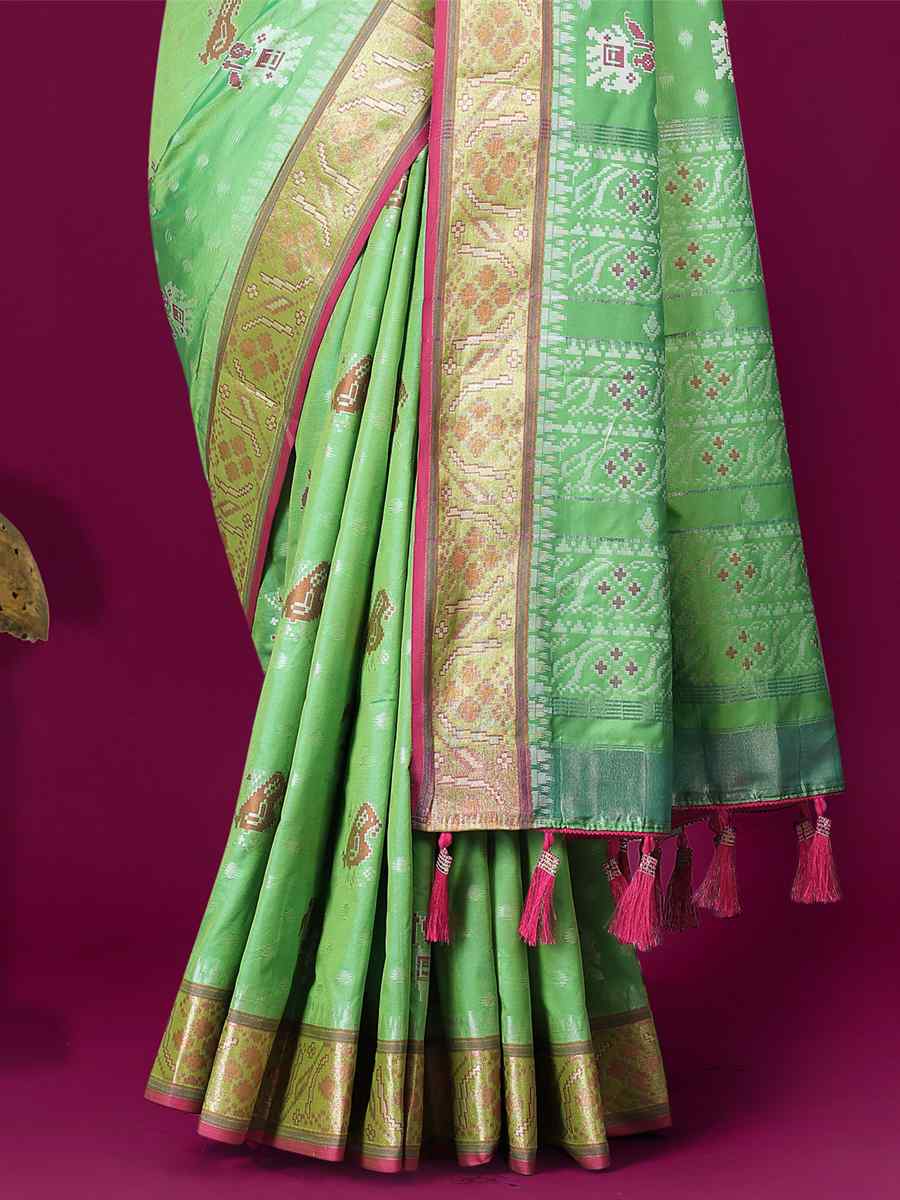 Pista Soft Patola Silk Handwoven Wedding Festival Heavy Border Saree