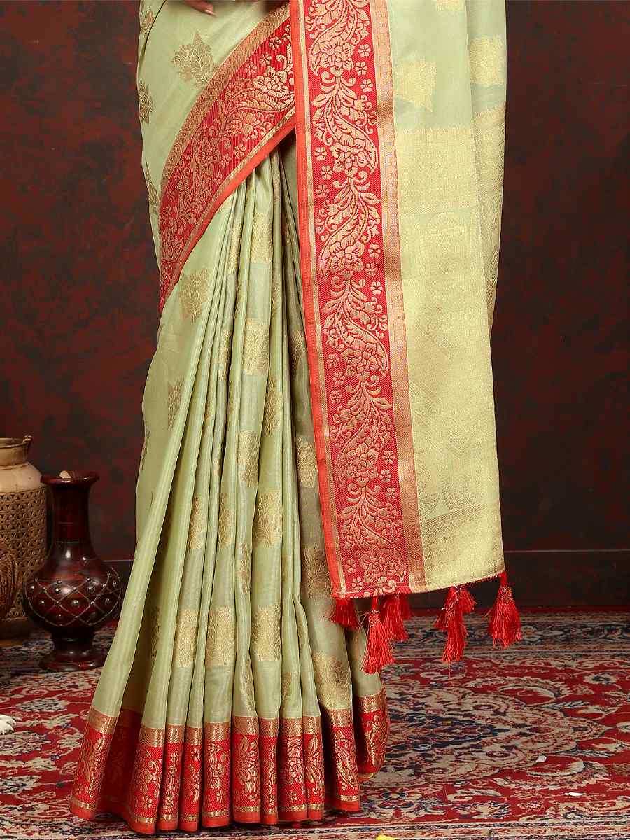 Pista Soft Patola Silk Handwoven Wedding Festival Heavy Border Saree