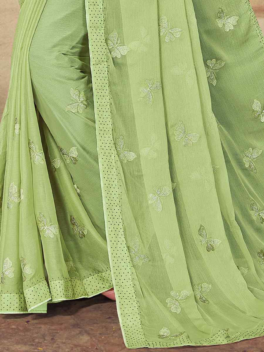 Pista Soft Silk Chiffon Embroidered Wedding Party Heavy Border Saree