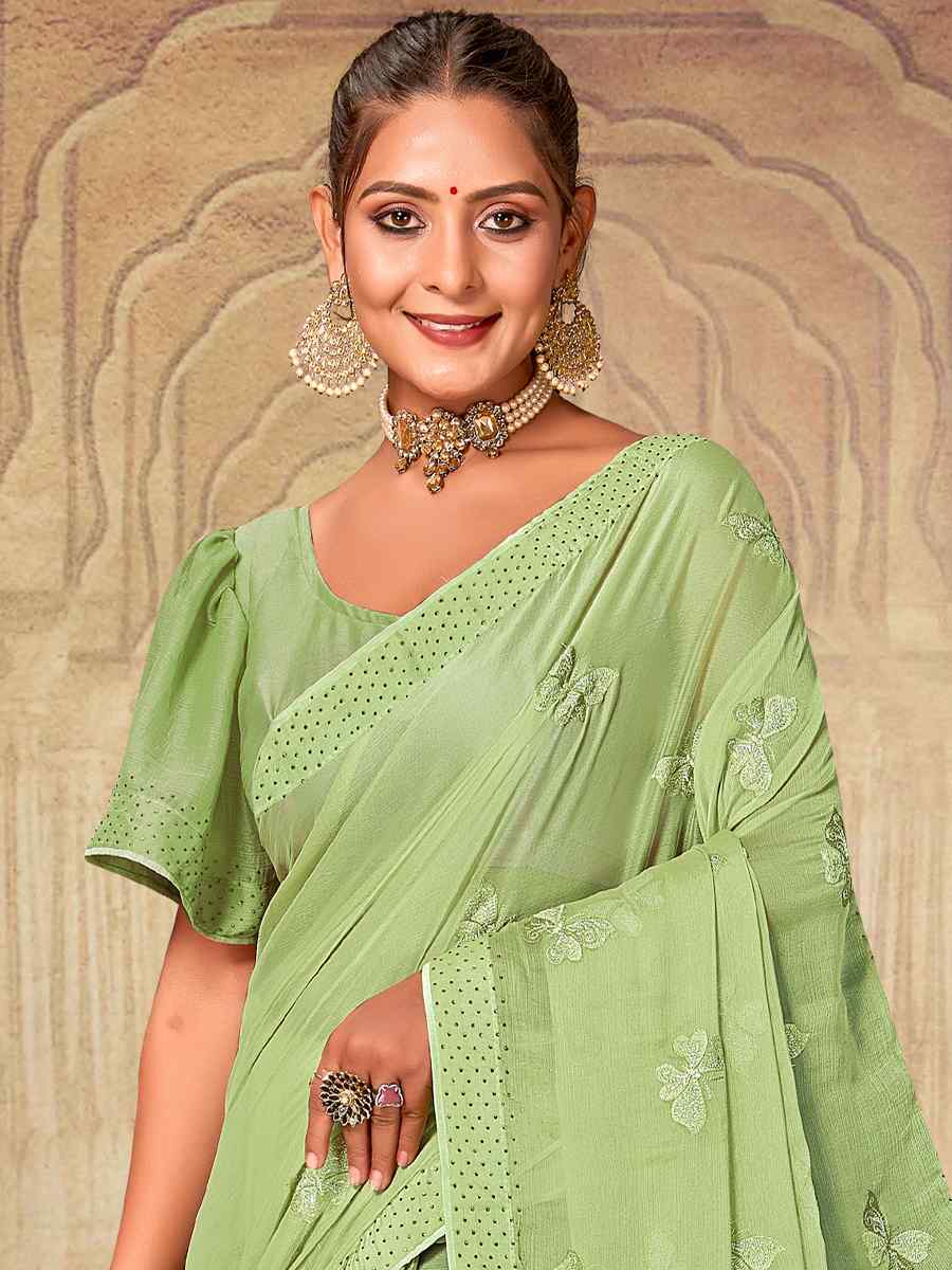 Pista Soft Silk Chiffon Embroidered Wedding Party Heavy Border Saree