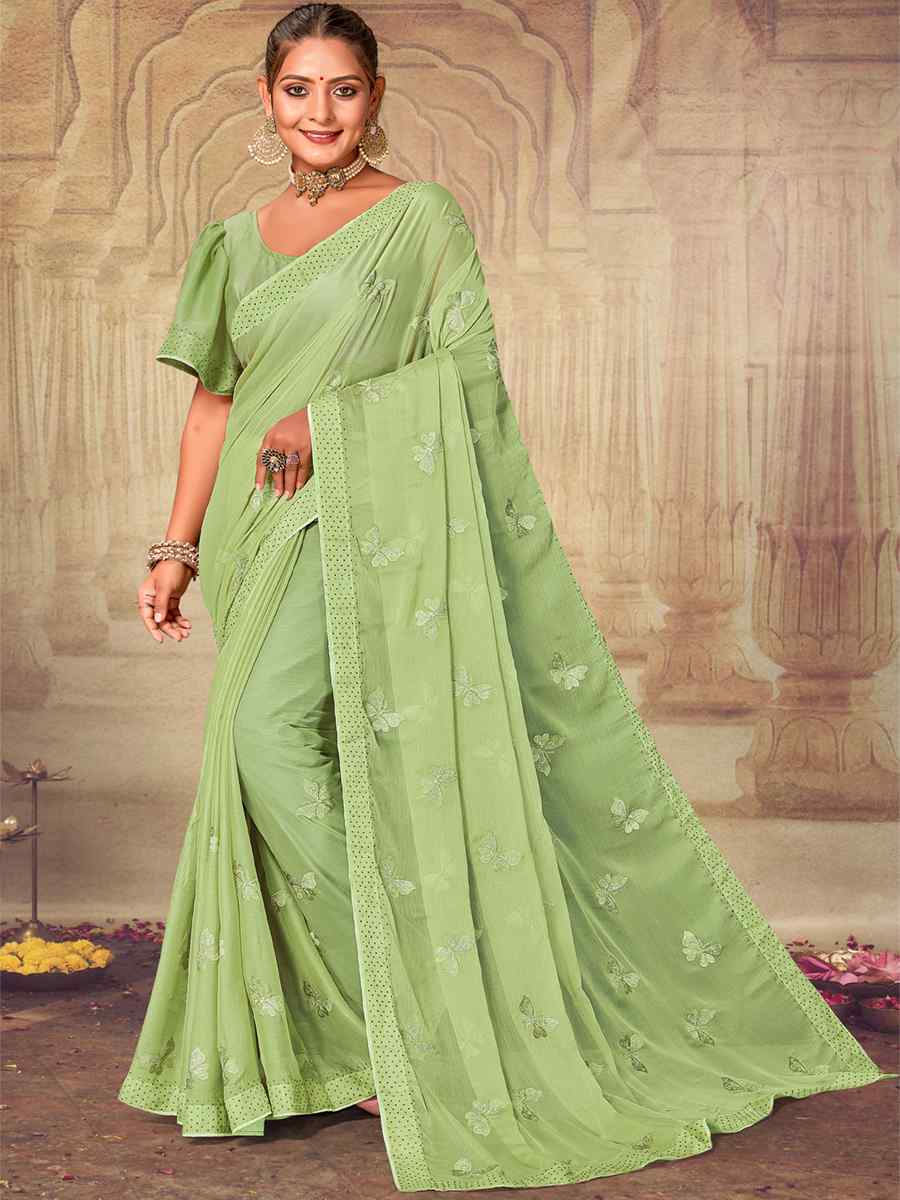 Pista Soft Silk Chiffon Embroidered Wedding Party Heavy Border Saree