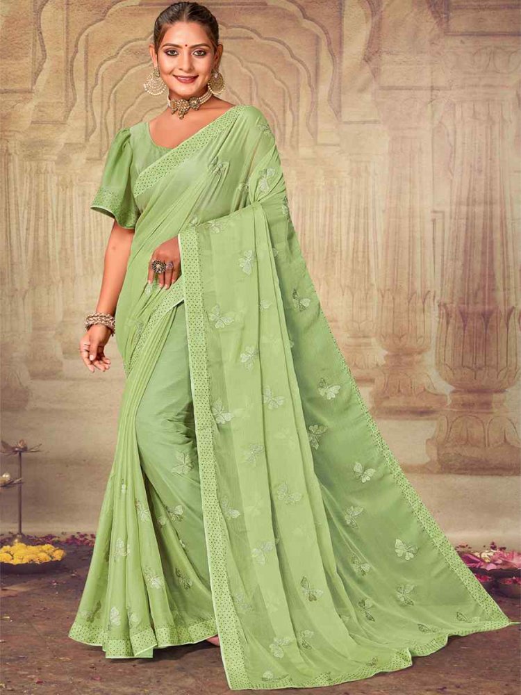 Pista Soft Silk Chiffon Embroidered Wedding Party Heavy Border Saree