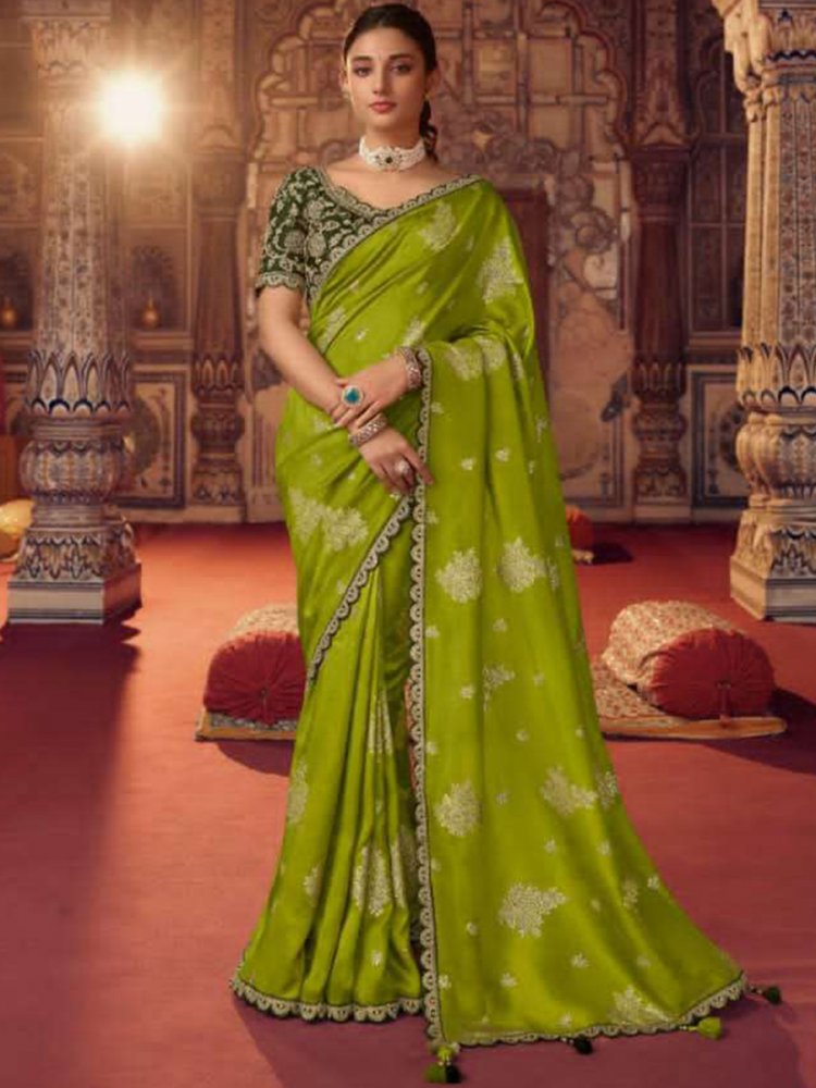 Pista Soft Silk Embroidered Wedding Festival Classic Style Saree