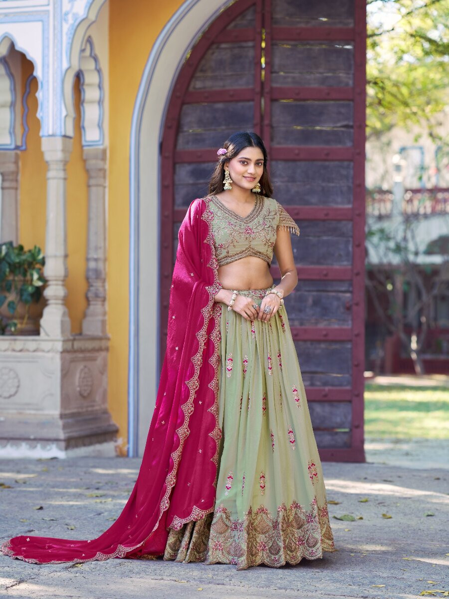 Pista Star Georgette Embroidery Zari Sequins Wedding Reception Party Wear Festival Heavy Border Lehenga Choli