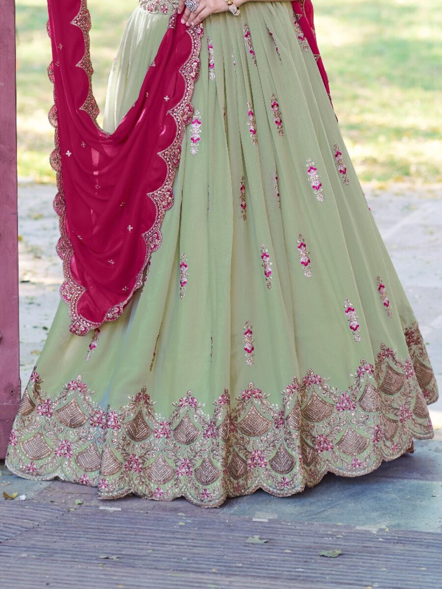 Pista Star Georgette Embroidery Zari Sequins Wedding Reception Party Wear Festival Heavy Border Lehenga Choli