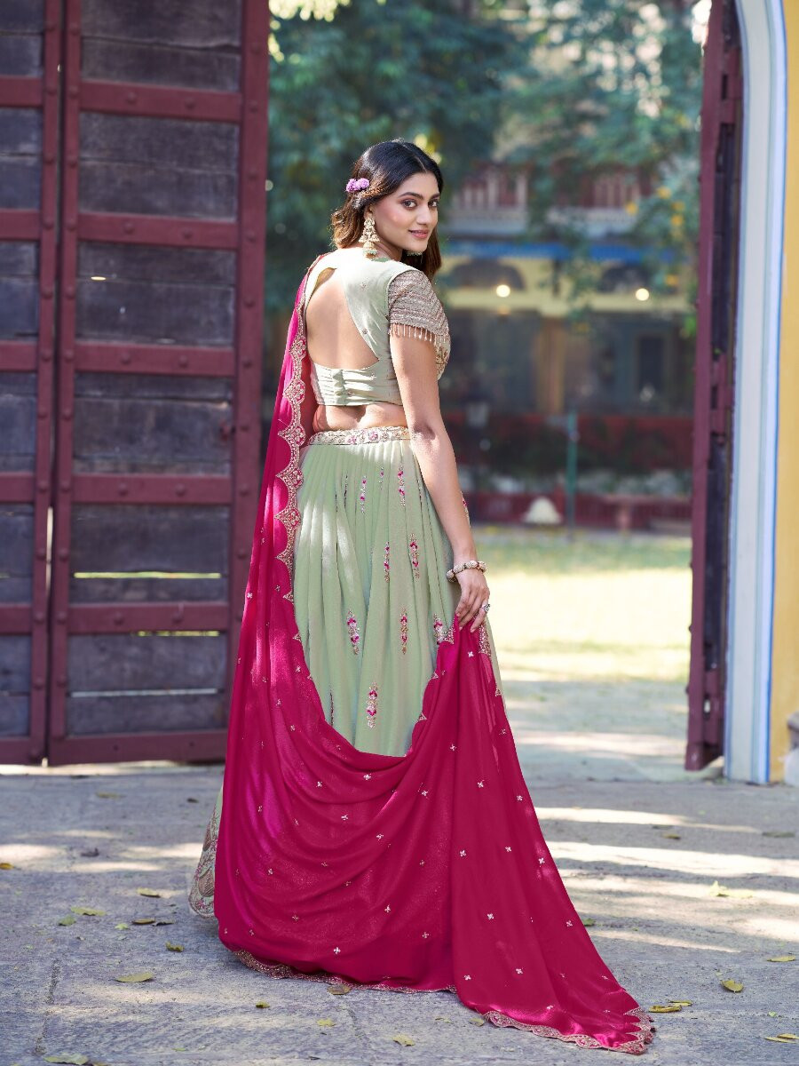Pista Star Georgette Embroidery Zari Sequins Wedding Reception Party Wear Festival Heavy Border Lehenga Choli