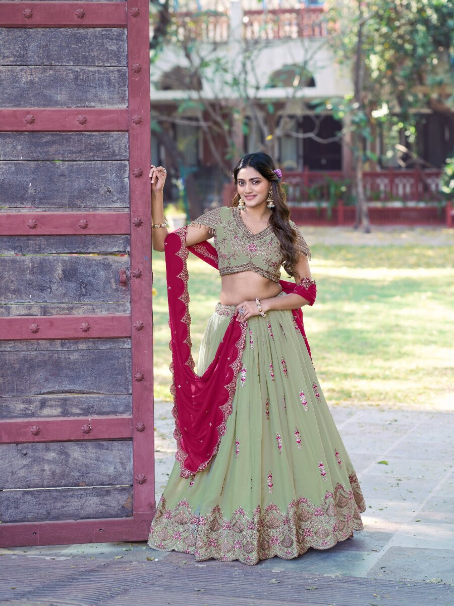Pista Star Georgette Embroidery Zari Sequins Wedding Reception Party Wear Festival Heavy Border Lehenga Choli