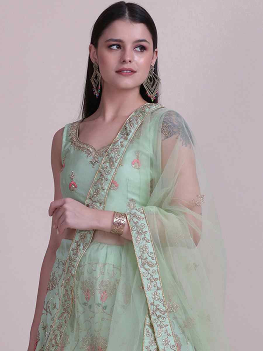 Pista Taffeta Silk Embroidered Festival Party Wear Circular Lehenga Choli