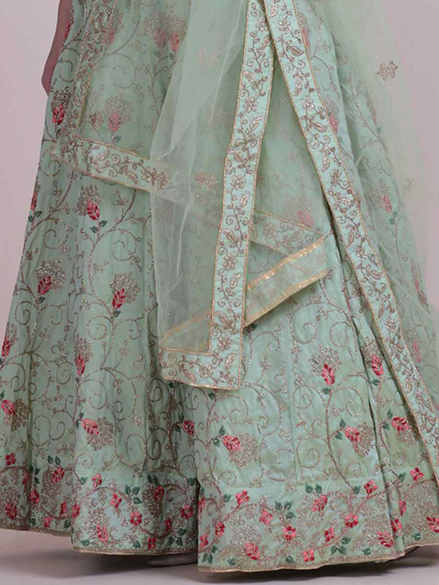 Pista Taffeta Silk Embroidered Festival Party Wear Circular Lehenga Choli