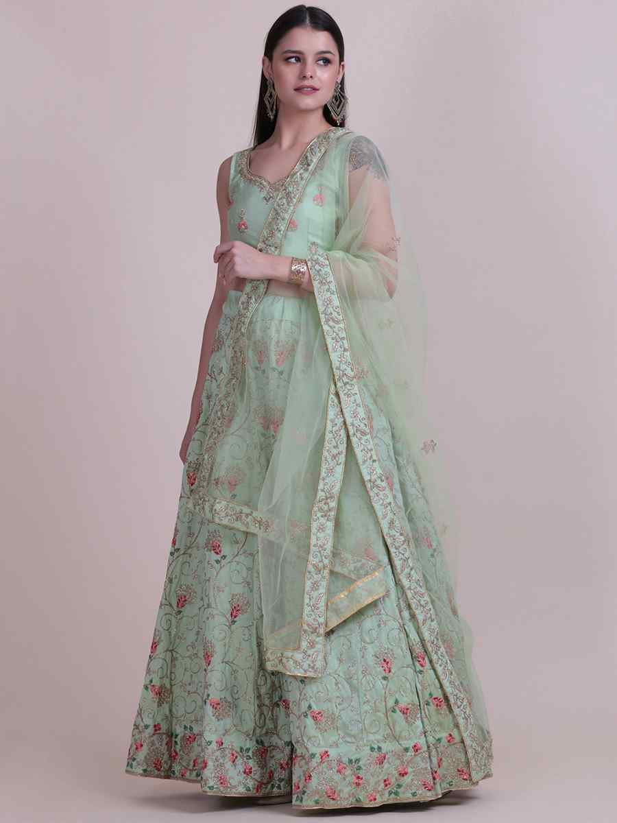 Pista Taffeta Silk Embroidered Festival Party Wear Circular Lehenga Choli