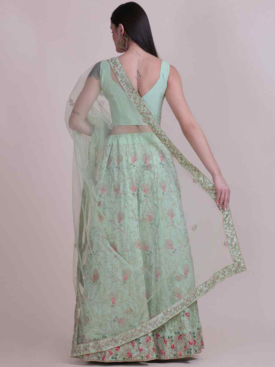 Pista Taffeta Silk Embroidered Festival Party Wear Circular Lehenga Choli