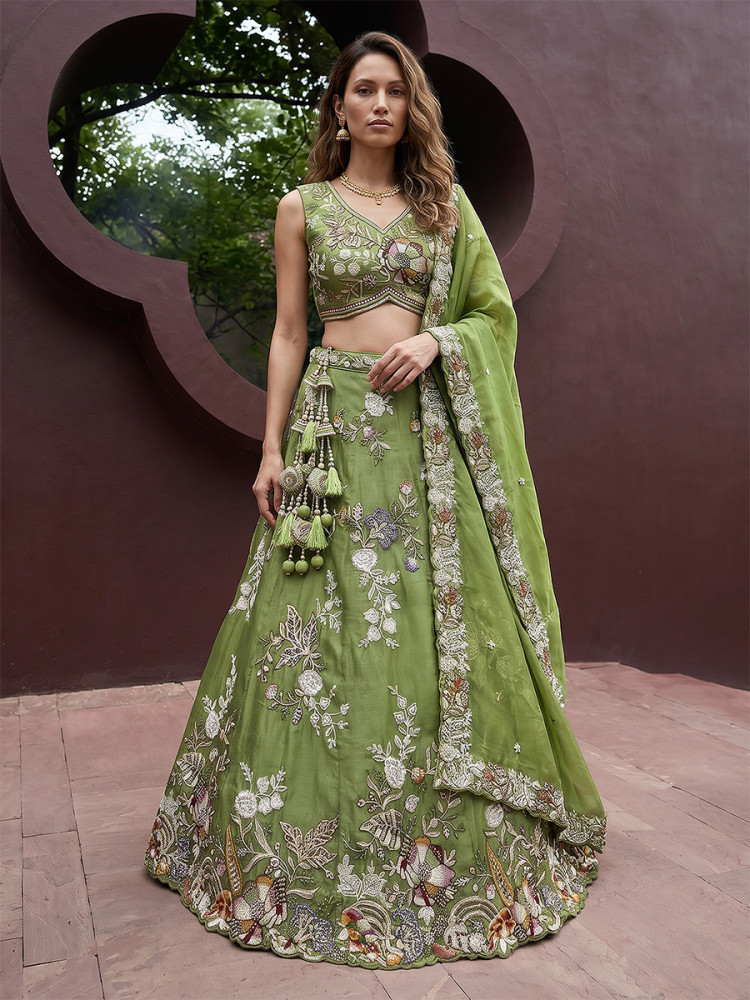 Image of Pista Tissue Embroidery Wedding Reception Party Festival Heavy Border Lehenga Choli