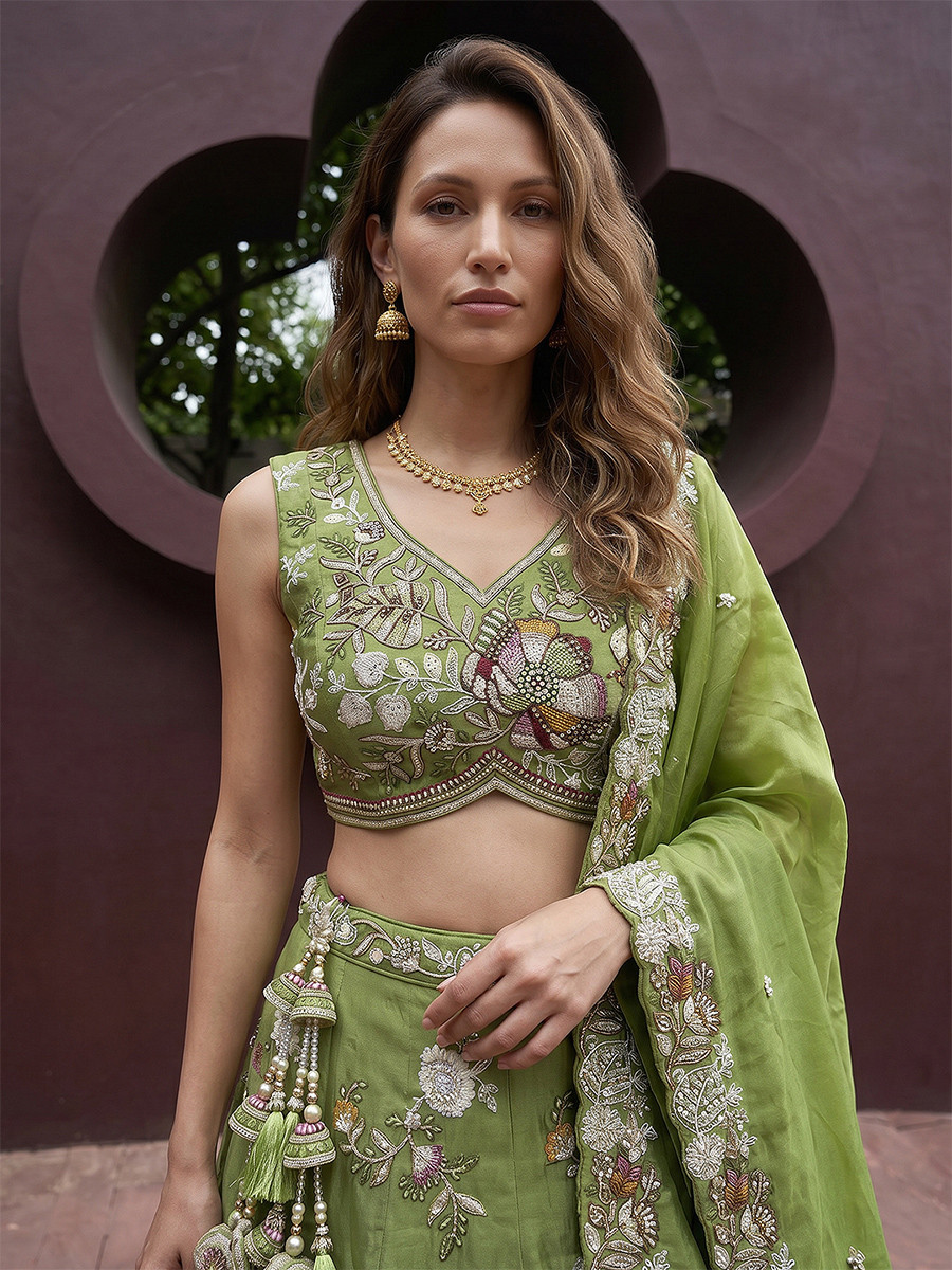 Pista Tissue Embroidery Wedding Reception Party Festival Heavy Border Lehenga Choli