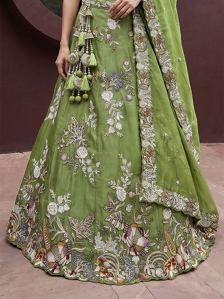 Pista Tissue Embroidery Wedding Reception Party Festival Heavy Border Lehenga Choli