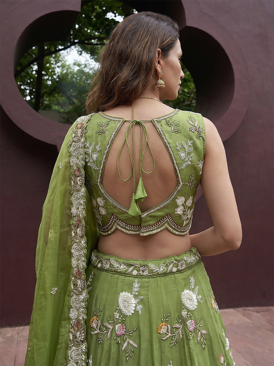 Pista Tissue Embroidery Wedding Reception Party Festival Heavy Border Lehenga Choli